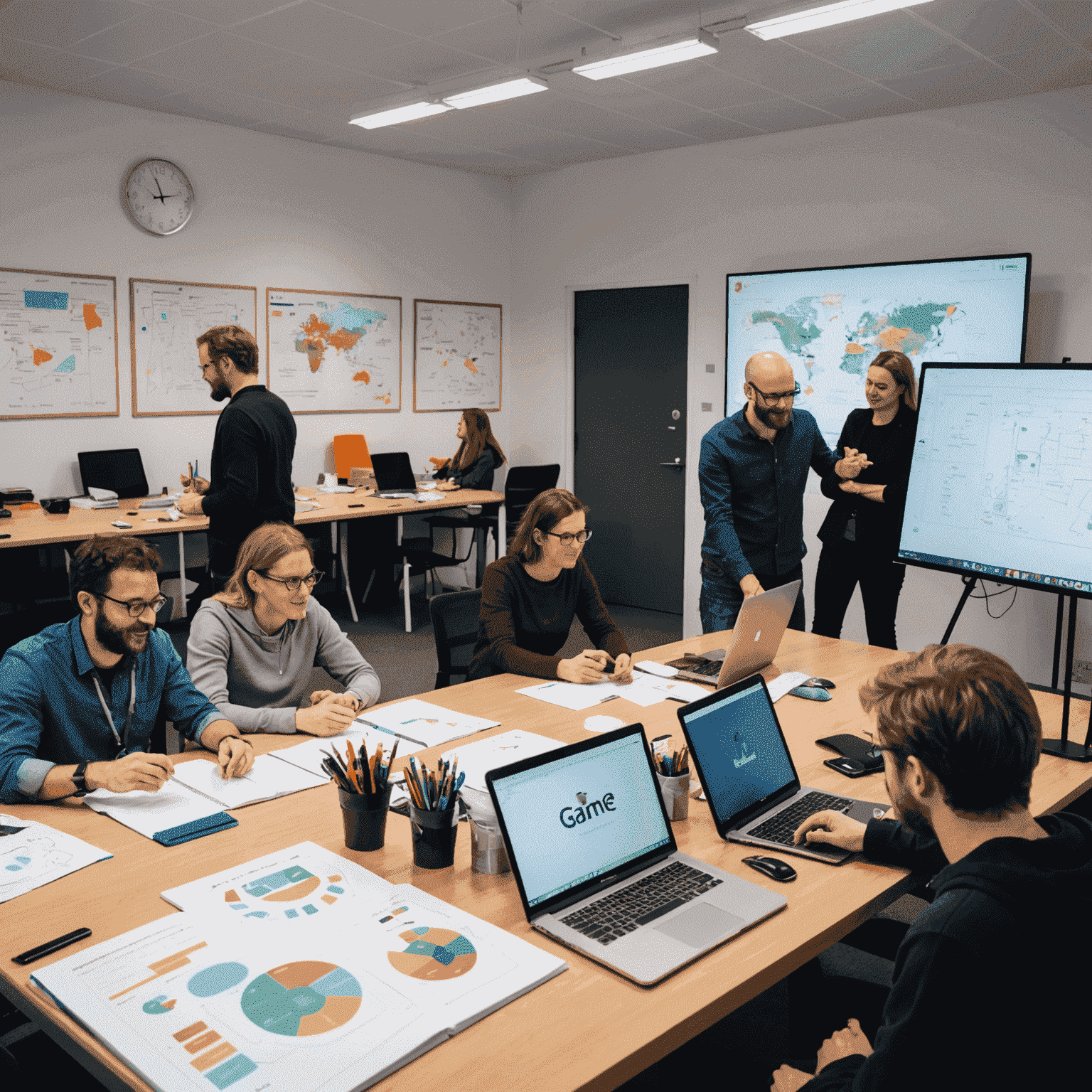 The PlayVenturePath team collaborating in their French office. The image shows a diverse group of professionals, including game developers and educators, working together in a modern, creatively designed workspace. There are whiteboards with game concepts and educational diagrams visible in the background.