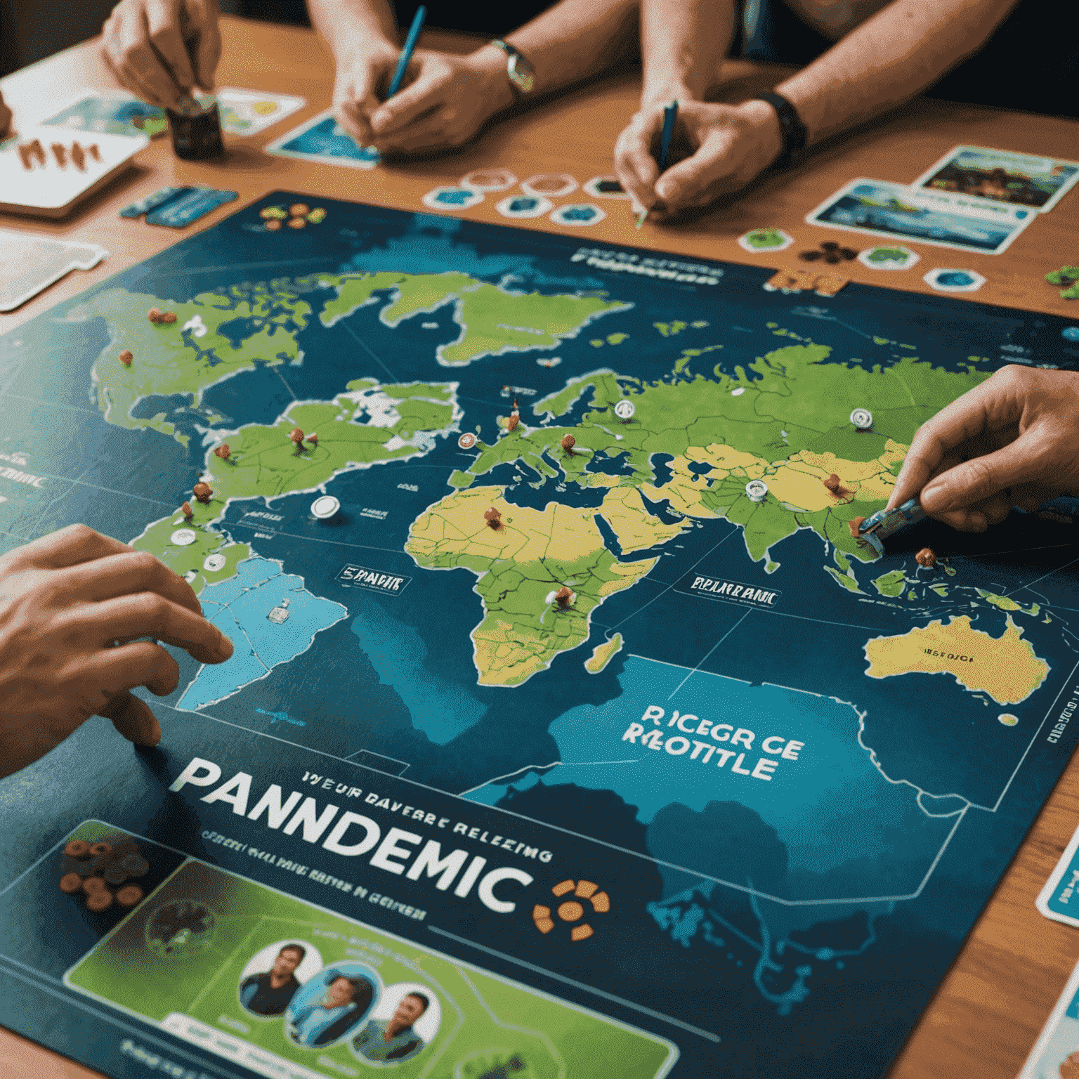 A group of people playing Pandemic, a cooperative board game where players work together to save the world from disease outbreaks