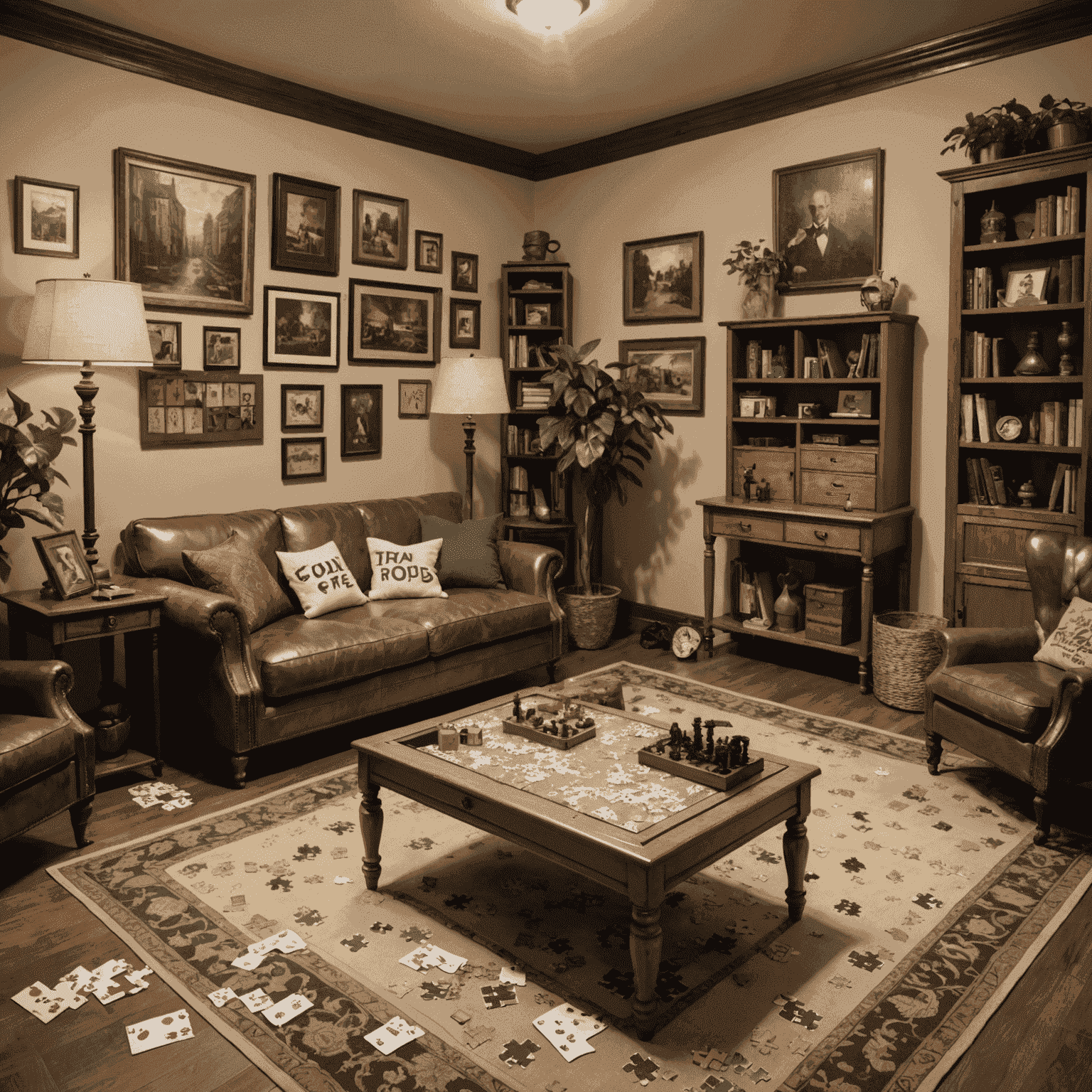 A living room transformed into an escape room with puzzles, clues, and props scattered around