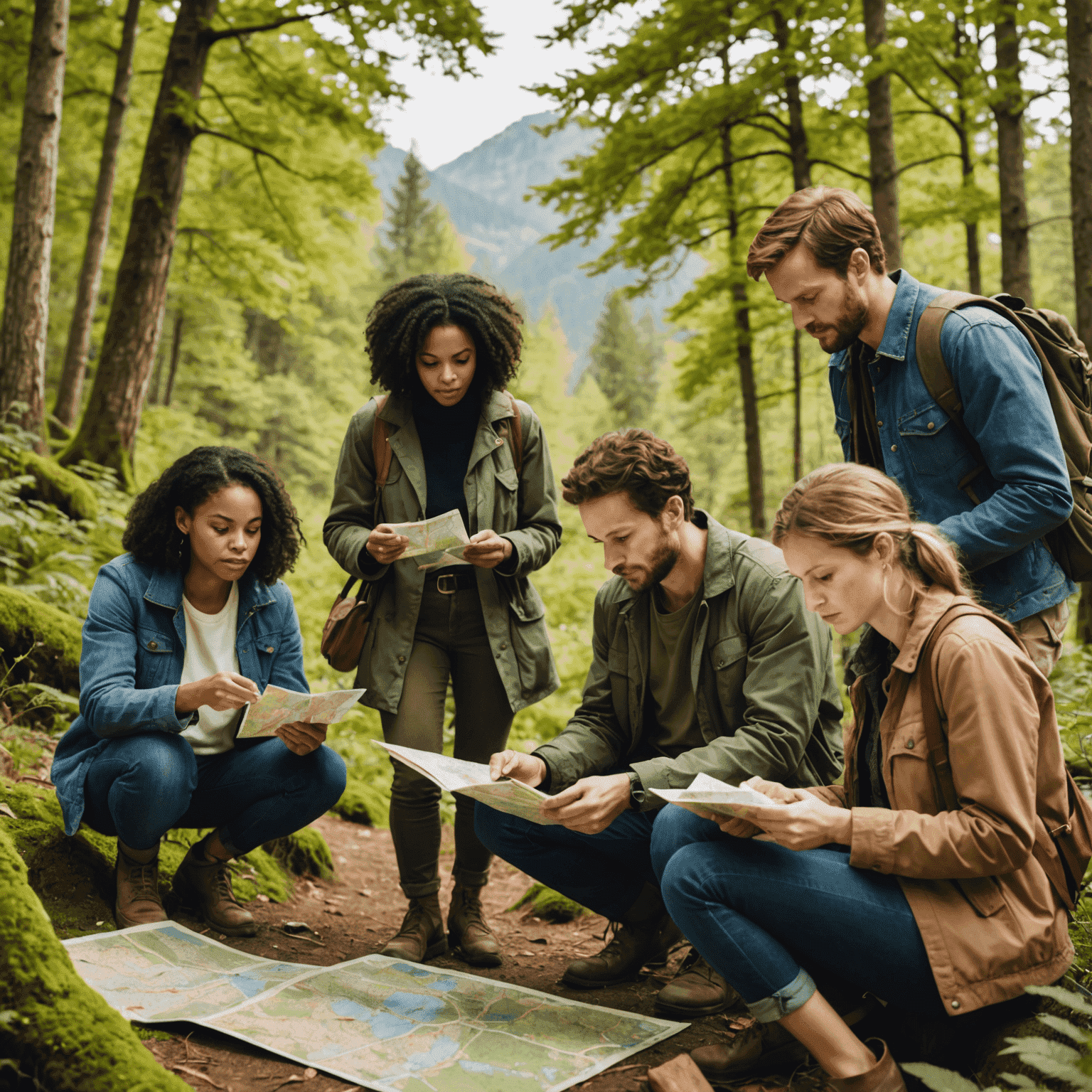 A group of diverse people participating in an outdoor treasure hunt, solving puzzles and navigating through a scenic natural landscape with maps and clues