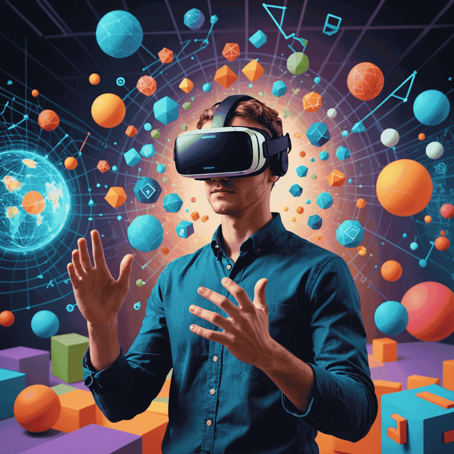 A person wearing a VR headset, interacting with virtual objects in a colorful, educational environment. The image showcases various subjects like mathematics, history, and science represented as 3D interactive elements.