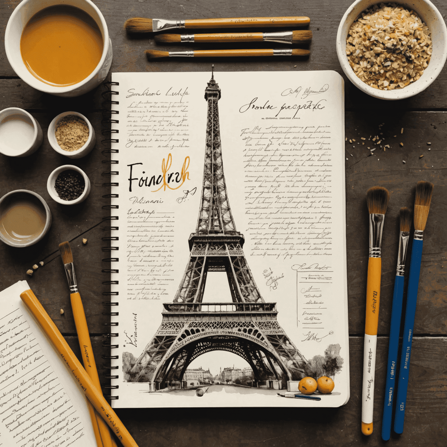 Collage of French-inspired creative tasks: a hand writing in a journal, paintbrushes next to an Eiffel Tower sketch, and French recipe ingredients