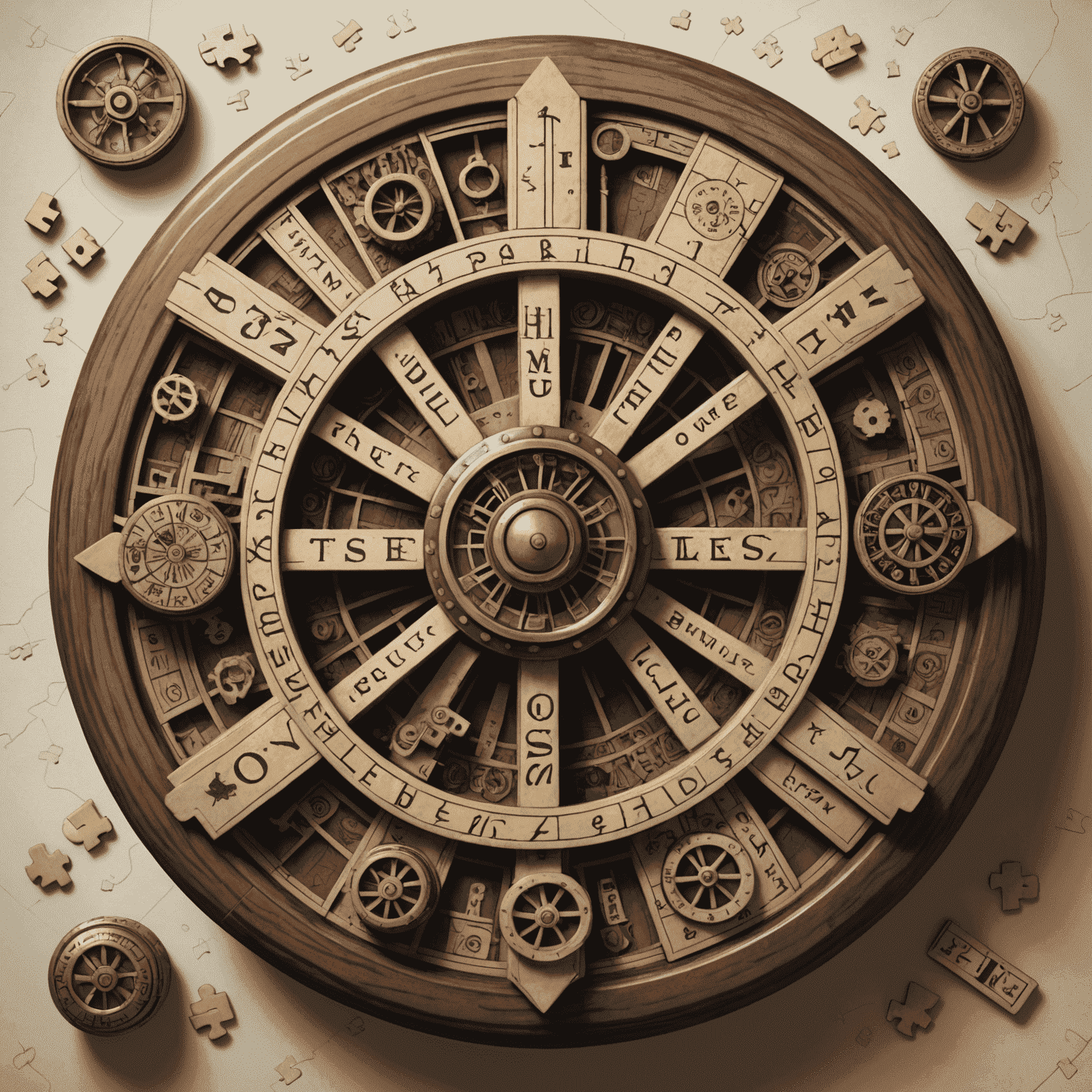 A collection of puzzle elements including a cipher wheel, locked box, and hidden clues