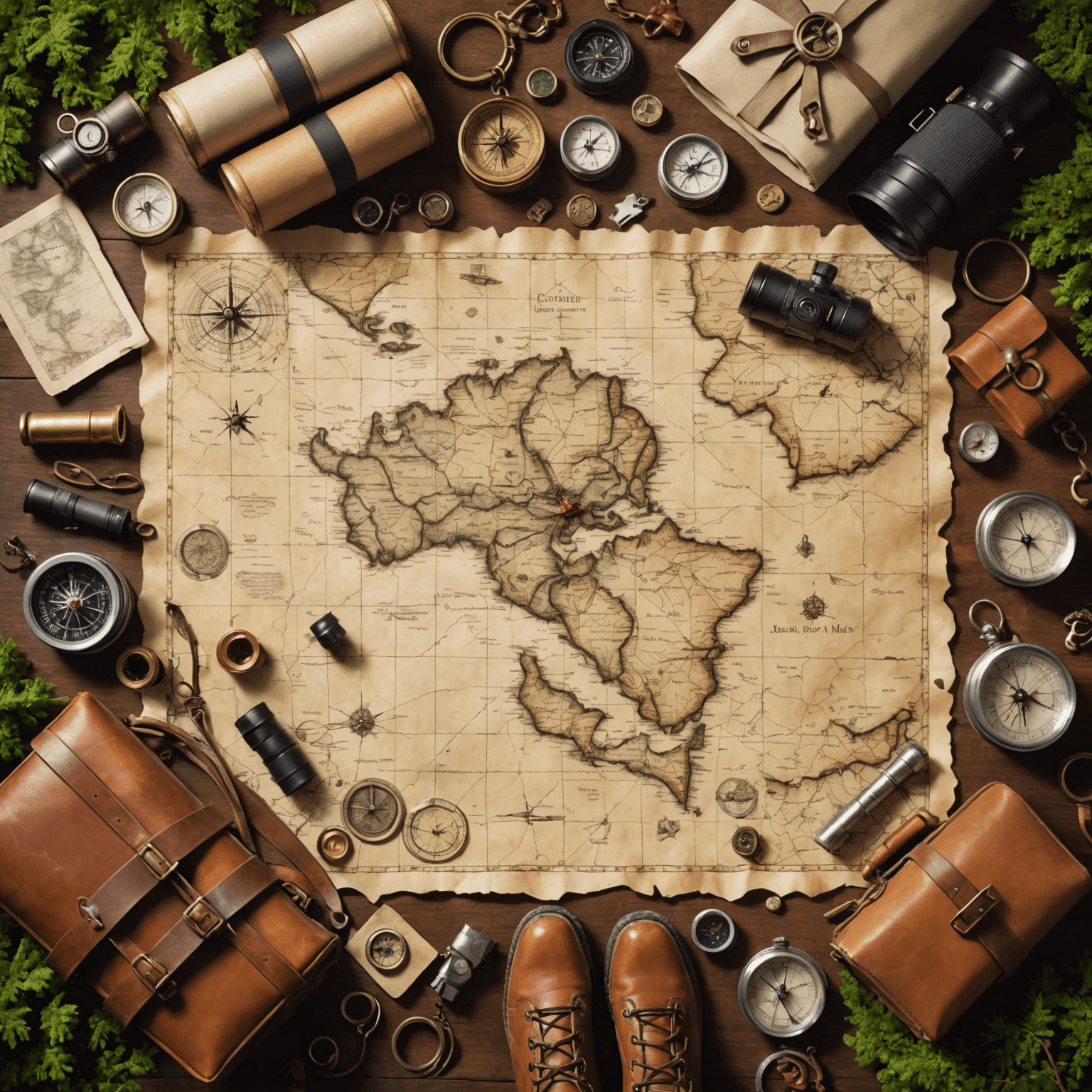 A treasure map with various clues and puzzles laid out, surrounded by outdoor gear such as compasses, binoculars, and hiking boots