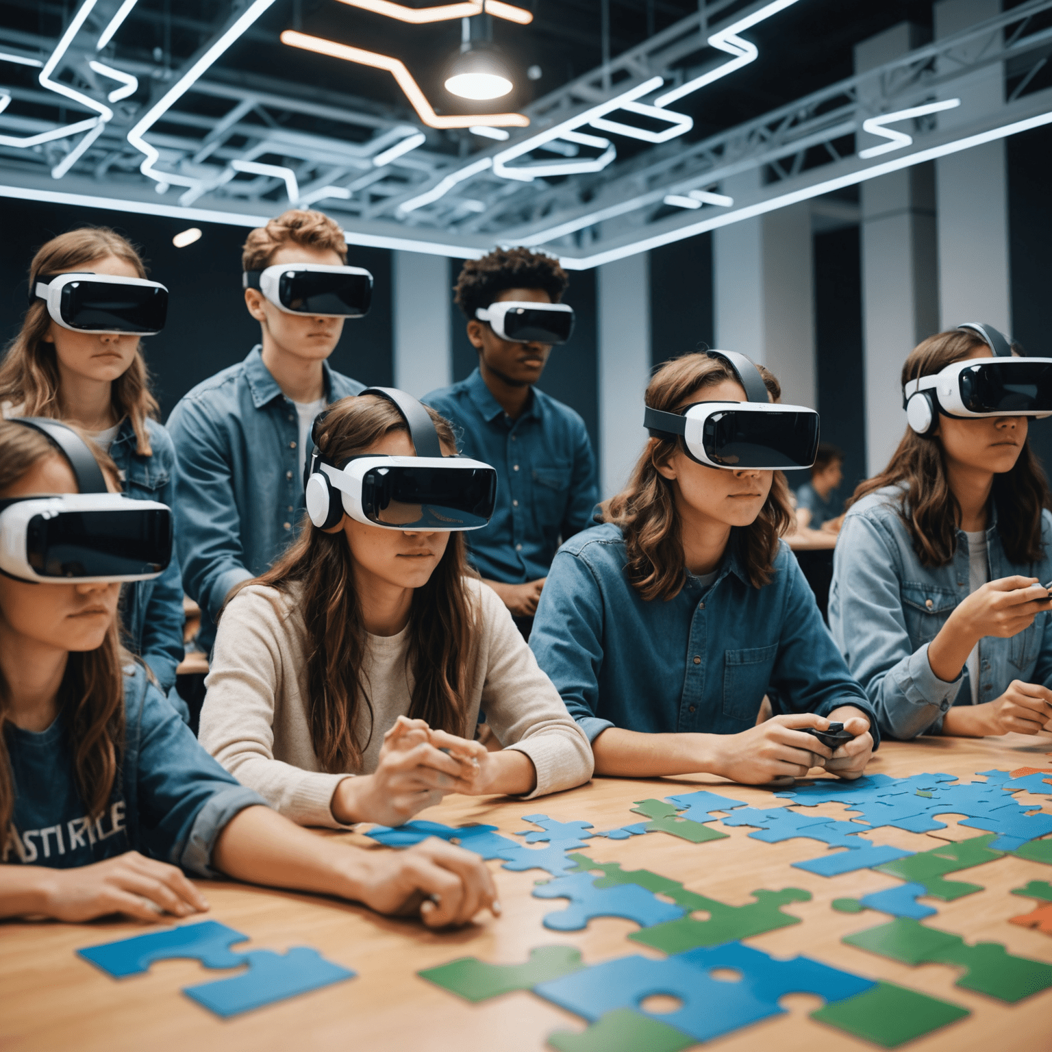 A split-screen image showing multiple students wearing VR headsets on one side, and their avatars collaborating on a complex 3D puzzle in a virtual space on the other side.