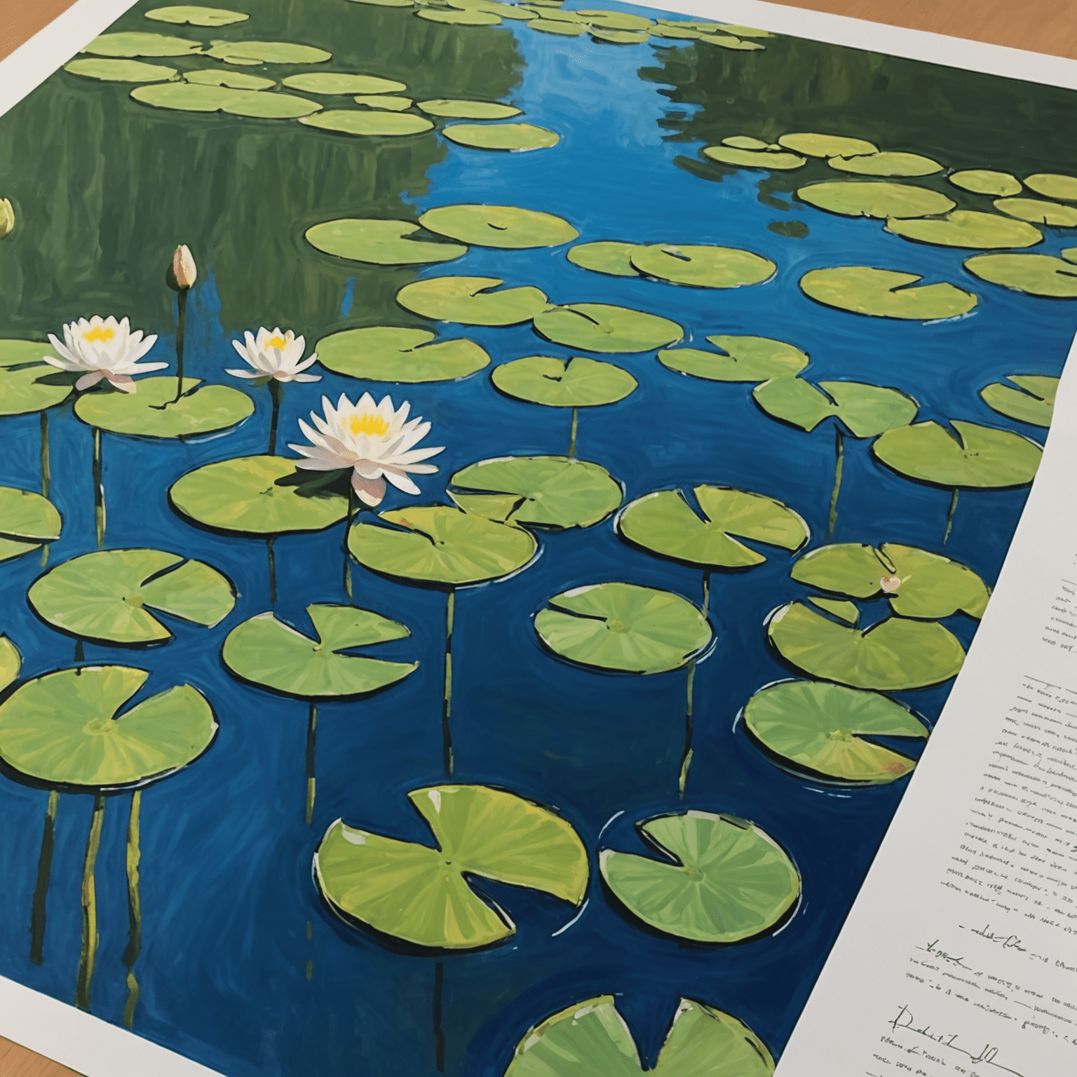 A student's recreation of Monet's Water Lilies painting next to a handwritten French description of the artwork