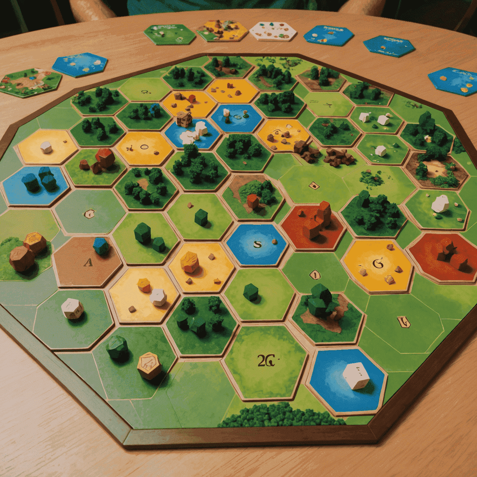 A Catan game board set up with hexagonal tiles representing different resources, surrounded by player pieces