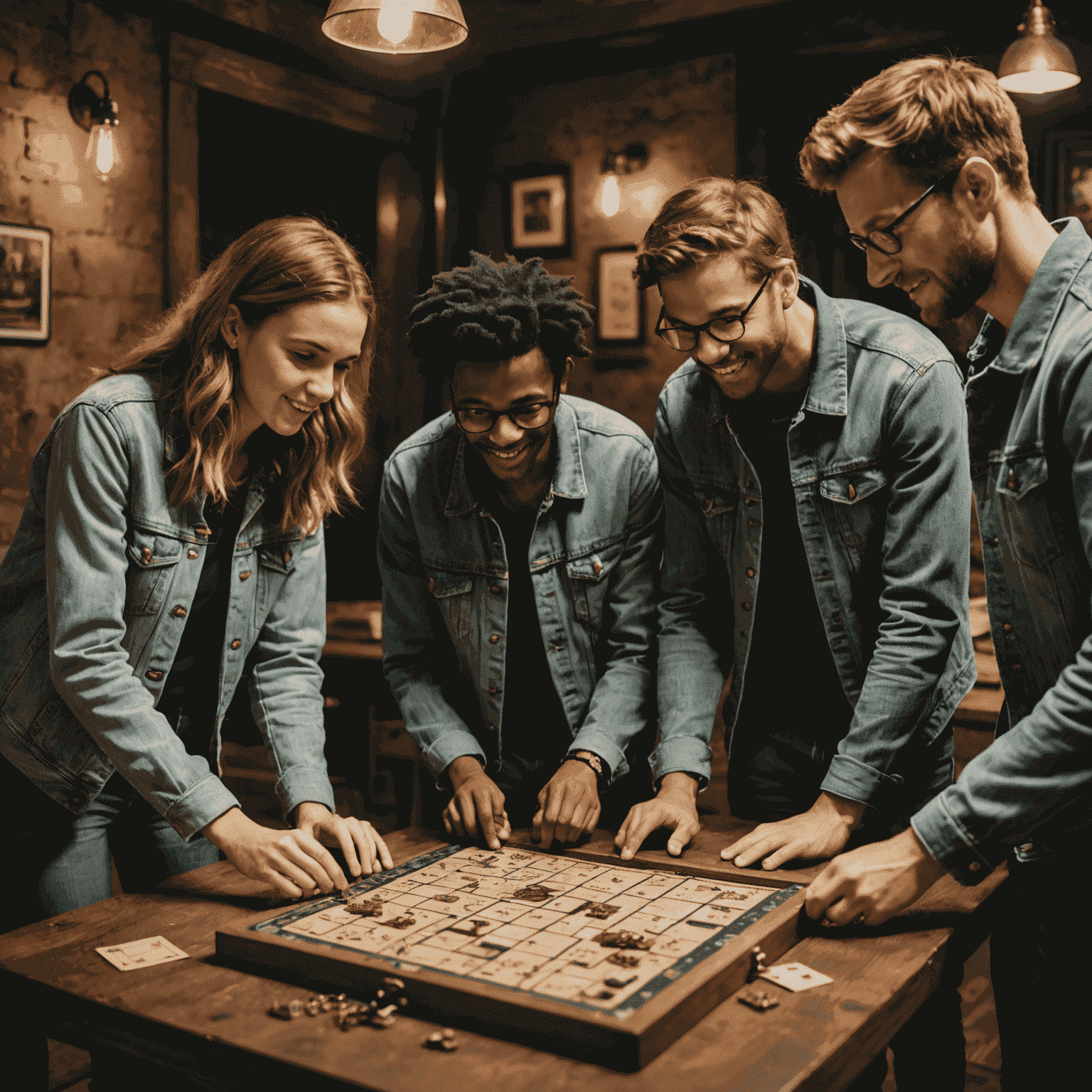 A group of friends solving puzzles in a homemade escape room, looking engaged and excited