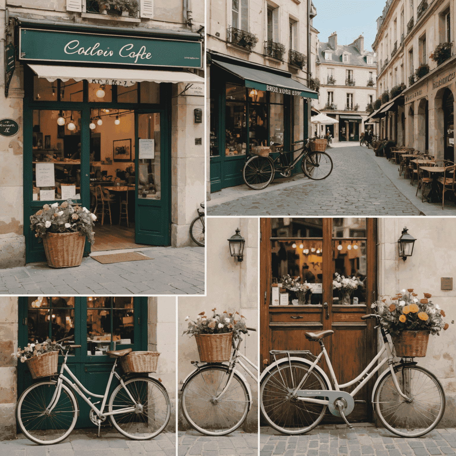 A collage of photos from a French-inspired scavenger hunt: a local café, a flower market, and a bicycle leaning against a wall, with French captions