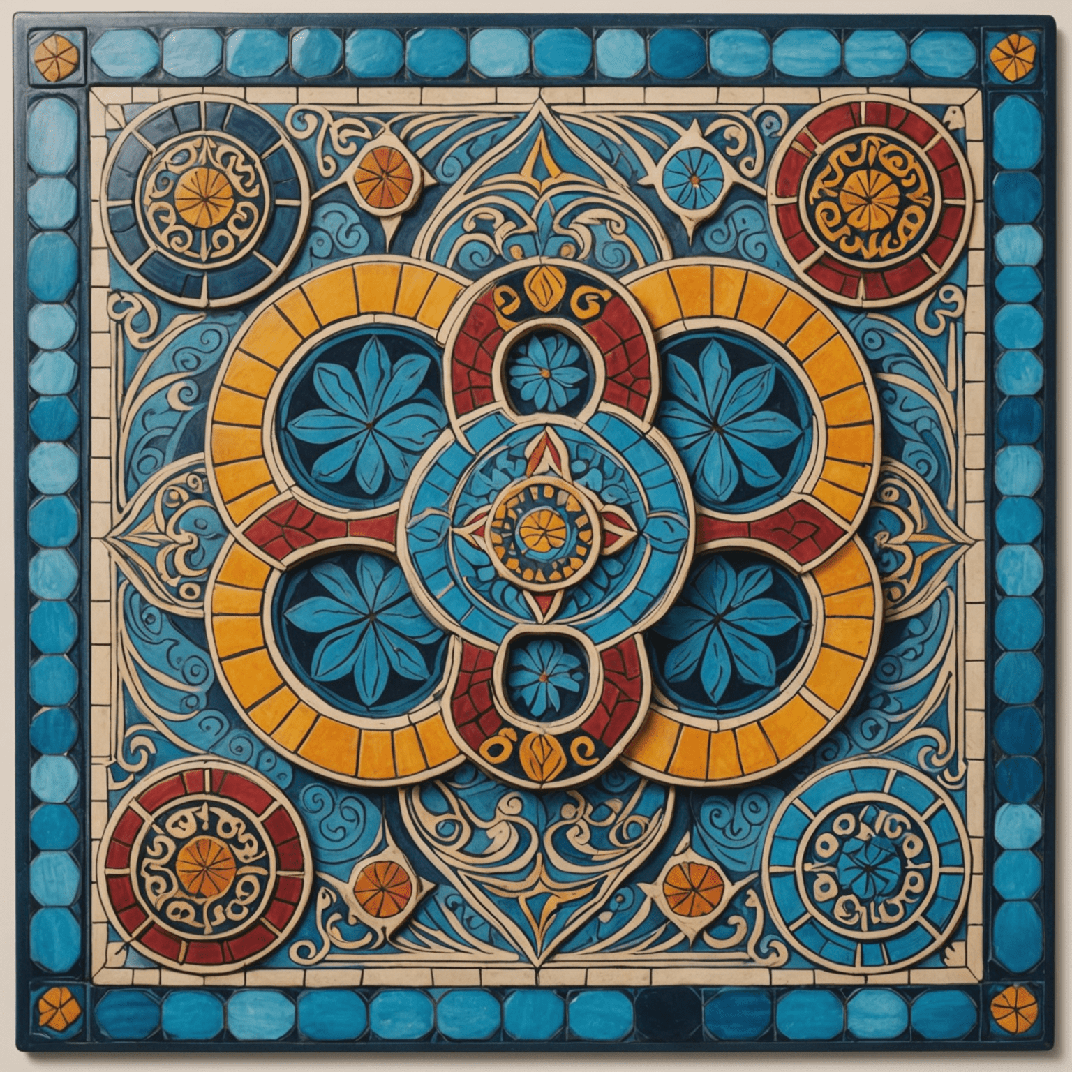 Close-up of the Azul game board with colorful tiles arranged in intricate patterns