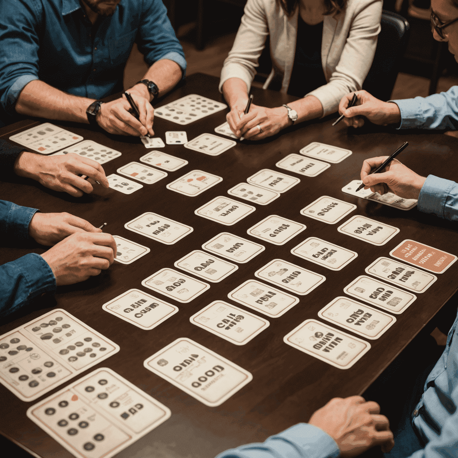 A group playing Codenames, with word cards laid out on the table and players giving clues